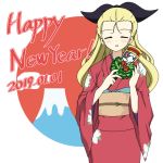  1girl assam black_ribbon blonde_hair blue_eyes commentary_request dated emblem facing_viewer girls_und_panzer hagoita hair_pulled_back hair_ribbon hanetsuki happy_new_year holding ichinose_jun japanese_clothes kimono light_blush long_hair long_sleeves mount_fuji new_year obi open_mouth paddle partial_commentary print_kimono red_kimono ribbon sash smile solo st._gloriana&#039;s_(emblem) standing sunburst wide_sleeves 