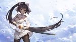  aiguillette azur_lane bangs black_hair black_legwear blush bow breasts buttons closed_mouth cloud cloudy_sky commentary_request cowboy_shot dsknight fighting_stance gloves hair_bow hair_flaps head_tilt highres holding holding_sword holding_weapon katana long_hair looking_at_viewer military military_uniform mole mole_under_eye negative_space panties panties_under_pantyhose pantyhose pantyshot petals pleated_skirt ponytail ribbon skirt sky solo standing sword takao_(azur_lane) underwear uniform weapon white_bow white_gloves white_panties white_ribbon white_skirt wind wind_lift yellow_eyes 