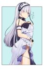  alp anastasia_(fate/grand_order) arm_garter ass bare_shoulders blue_eyes blush bracelet cosplay dress euryale euryale_(cosplay) fate/grand_order fate_(series) hairband hand_on_own_chest jewelry jpeg_artifacts lolita_hairband long_hair looking_at_viewer no_panties open_mouth silver_hair simple_background solo strapless strapless_dress white_dress 