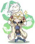  armor bird cape chibi feh_(fire_emblem_heroes) fire_emblem fire_emblem_heroes gloves highres hood long_hair looking_at_viewer male_focus nakabayashi_zun open_mouth owl short_hair simple_background smile summoner_(fire_emblem_heroes) 