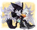  black_fur blush boots canine cheek_tuft chest_tuft clothing duo fluffy footwear freedomfightersonic fur gloves grin hair hedgehog infinite_(sonic) jackal long_hair long_tail male mammal nude open_maw sharp_teeth shoes silver_the_hedgehog smile sonic_(series) sonic_forces teeth tongue tuft white_fur white_hair 