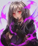  cape dark_persona evil_smile female_my_unit_(fire_emblem:_kakusei) fire_emblem fire_emblem:_kakusei fire_emblem_heroes gimurei gloves highres hood kamu_(kamuuei) long_hair looking_at_viewer my_unit_(fire_emblem:_kakusei) red_eyes robe simple_background smile solo twintails white_hair 