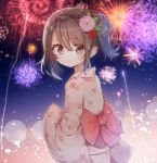 aerial_fireworks back_bow bangs blurry blurry_background blush bow brown_eyes brown_hair cherry_blossom_print closed_mouth depth_of_field eyebrows_visible_through_hair fireworks floral_print flower hair_between_eyes hair_flower hair_ornament highres himemiya_shuang japanese_clothes kimono long_sleeves looking_at_viewer looking_to_the_side night night_sky original outdoors pink_flower pink_kimono print_kimono red_bow red_flower sky sleeves_past_wrists smile solo star_(sky) starry_sky wide_sleeves 
