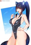  animal_ears bangs black_hair black_nails blue_eyes borrowed_character breasts center_opening eating eyebrows_visible_through_hair fang food hand_on_hip highleg highleg_swimsuit hips large_breasts long_hair looking_at_viewer nail_polish one-piece_swimsuit open_mouth original ponytail popsicle solo swimsuit tail tofuubear unzipped wolf_ears wolf_tail zipper zipper_pull_tab 