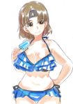  bare_shoulders bikini blue_bikini breasts brown_eyes brown_hair chiyoda_(kantai_collection) cleavage cowboy_shot food frilled_bikini frills hand_on_hip headband holding holding_food ice_cream kantai_collection large_breasts navel sagamiso short_hair simple_background smile solo stomach swimsuit white_background 