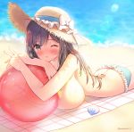  ass ball beach beachball bikini_bottom blush breasts brown_eyes brown_hair butt_crack day eyebrows_visible_through_hair hat idolmaster idolmaster_shiny_colors large_breasts long_hair looking_at_viewer lying melomelo_d on_stomach outdoors sand seashell shell solo straw_hat sun_hat topless tsukioka_kogane twitter_username water wet 