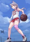  air_jordan air_jordan_6 animal_ears artist_name bare_legs basketball basketball_uniform blue_sky breasts cat_ears chain-link_fence chinese_commentary clothes_writing commentary_request day detached_sleeves fence fkey from_below full_body highres knee_brace long_hair looking_at_viewer original outdoors paw_print pink_legwear ponytail red_eyes red_shorts shoes shorts signature silver_hair sky sleeveless small_breasts sneakers socks solo sportswear standing sweat white_footwear wristband 