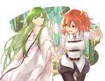  1other :d ahoge bangs belt belt_buckle black_belt black_legwear blue_eyes breasts buckle chaldea_uniform collared_shirt enkidu_(fate/strange_fake) fate/grand_order fate_(series) fujimaru_ritsuka_(female) green_hair grey_skirt hair_between_eyes hair_ornament hair_scrunchie holding_hands long_hair long_sleeves looking_at_another medium_breasts miniskirt mirei_kh13 one_side_up open_mouth orange_eyes orange_hair outline pantyhose pleated_skirt robe scrunchie shirt short_hair skirt smile straight_hair teeth tongue tree very_long_hair white_shirt yellow_scrunchie 