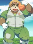  anthro ayame42612 bear brown_fur bulge clothed clothing eyewear food fruit fur glasses gloves hat male mammal overweight overweight_male pants pumpkin solo straw_hat tokyo_afterschool_summoners volos 
