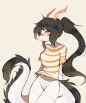  2017 bandage black_hair blush breasts clitoris clothing cream_background crop_top dragon female fredek666 hair hands_behind_back horn legwear long_hair long_tail looking_away navel ponytail pussy shirt simple_background solo striped_shirt thigh_highs 