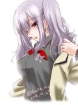  2018 blue_eyes breasts dated from_side grey_shirt jacket kantai_collection kashima_(kantai_collection) large_breasts looking_down military_jacket ryuka_hirg shirt sidelocks silver_hair simple_background solo twintails twitter_username undressing wavy_hair white_background white_jacket 