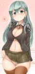  absurdres aqua_eyes aqua_hair armor ass_visible_through_thighs blush breasts brown_jacket brown_legwear commentary_request covered_nipples earrings eyebrows_visible_through_hair gradient gradient_background grin hair_between_eyes heart highres jacket jewelry kantai_collection large_breasts long_hair looking_at_viewer miniskirt no_bra okiraku_nikku open_clothes panties partially_visible_vulva pussy_peek skirt smile solo string_panties suzuya_(kantai_collection) thighhighs underwear 