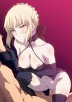 1boy 1girl ahoge artoria_pendragon_(all) bangs black_gloves black_legwear black_ribbon blonde_hair blush braid breasts censored choker closed_mouth clothed_sex cowgirl_position dress elbow_gloves fate/grand_order fate/stay_night fate_(series) french_braid girl_on_top gloves hair_bun hair_ribbon hera_(hara0742) hetero highres hips long_hair medium_breasts mosaic_censoring nipple_slip nipples pale_skin penis pussy ribbon saber_alter sex short_dress smile solo_focus straddling sweat thighhighs thighs vaginal yellow_eyes 