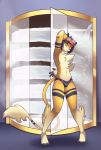  black_hair black_nose bulge cat chest_tuft claws clothing elbow_tufts feline fluffy fur girly hair long_tail looking_at_viewer male mammal robo-shark rubber shower solo spandex speedo swimsuit teasing thick_thighs tight_clothing tuft vgfm yellow_eyes yellow_fur 