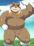  anthro ayame42612 balls bear belly blush brown_fur clothing eyes_closed eyewear fur glasses gloves male mammal nipples overweight overweight_male penis solo tokyo_afterschool_summoners towel volos 