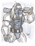  3030 abs anthro armor belt bravestarr bulge clenched_teeth clothed clothing crown cybernetics cyborg equine fur grey_fur gun hair harness holding_object holding_weapon horse long_hair machine male mammal muscular muscular_male navel ranged_weapon rifle skimpy speedo spread_legs spreading straps swimsuit teeth thick_thighs tiara tight_clothing tight_fitting_clothing unconvincing_armor weapon 