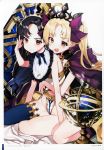  absurdres arm_support artist_name bangs bare_arms bare_shoulders bib black_hair black_neckwear black_ribbon blonde_hair border bow cape carrot_print chungu earrings ereshkigal_(fate/grand_order) eyebrows_visible_through_hair fate/grand_order fate_(series) feet_out_of_frame food_print forehead frills hair_bow hand_in_another's_hair hand_up highres hooded_cape ishtar_(fate/grand_order) jewelry lens_flare long_hair looking_at_viewer multiple_girls neck_ribbon open_mouth page_number purple_bow purple_cape red_eyes ribbon scan seiza shadow simple_background single_thighhigh sitting sweat thighhighs thighs tiara translation_request twintails very_long_hair white_background white_border younger 
