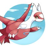 1girl blue_sky blush cloud day dragon female floating gen_3_pokemon hand_up highres latias no_humans open_mouth pokemon pokemon_(creature) ruishin simple_background sky smile solo sparkle white_background wings yellow_eyes 