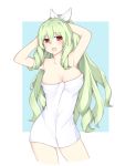  :d absurdres armpits arms_behind_head arms_up bare_shoulders blush breasts choujigen_game_neptune_mk2 cleavage cowboy_shot green_hair hair_between_eyes hair_ribbon hakozaki_chika highres large_breasts long_hair looking_at_viewer naked_towel neptune_(series) open_mouth oyat ponytail red_eyes ribbon smile solo towel very_long_hair 