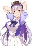  animal_ears arms_up bangs blunt_bangs bow commentary_request gold_ship hat highres horse_ears horse_girl mappaninatta purple_eyes school_uniform silver_hair skirt solo umamusume upper_body 