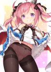  ahoge azur_lane bare_shoulders black_bow blush bow bow_panties breasts brown_legwear dress dress_lift gloves grin hair_bow head_tilt jacket jacket_on_shoulders lifted_by_self long_hair looking_at_viewer navel panties panties_under_pantyhose pantyhose partly_fingerless_gloves pink_hair pink_panties polka_dot polka_dot_panties purple_eyes saratoga_(azur_lane) sleeveless sleeveless_dress small_breasts smile solo thighband_pantyhose torimaru twintails underwear white_dress white_gloves white_jacket 