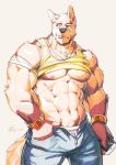  abs anthro athletic bandage big_muscles canine canyne_khai clothed clothing holding_object invalid_tag kawe light_skin male mammal muscular muscular_male pecs phone presenting red_eyes shirt signature tank_top tongue tongue_out wolf 