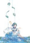  aqua_hair arm_up bangs blue_hair dress flower full_body green_hair highres hyde_(hai-do) lake lily_(flower) looking_up open_hand original outstretched_hand partially_submerged petals pond purple_eyes rain sailor_collar short_hair sitting umbrella umbrella_riding water water_drop 