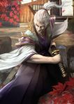  autumn_leaves brown_eyes building day fighting_stance grey_hair hototogisu_tairan katana long_hair male_focus old_man outdoors ponytail raypass ready_to_draw scar sheath sheathed solo sword weapon 