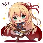  :d arisa_(shadowverse) bangs blonde_hair blue_shirt blush bow_(weapon) brown_footwear brown_gloves brown_legwear cape chibi commentary_request elbow_gloves eyebrows_visible_through_hair gloves green_eyes hair_between_eyes hair_ribbon head_tilt heart heart_in_eye highres holding holding_bow_(weapon) holding_weapon long_hair looking_at_viewer nyano21 open_mouth pleated_skirt pointy_ears princess_connect! princess_connect!_re:dive red_cape red_ribbon ribbon shadowverse shirt signature skirt sleeveless sleeveless_shirt smile solo sparkle standing standing_on_one_leg symbol_in_eye thighhighs thighs very_long_hair weapon white_background white_skirt 