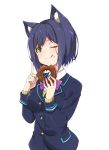  ;q absurdres animal_ears bangs blazer blue_hair blue_jacket blush bow cat_ears doughnut eating food food_on_face fujita_758634 highres index_finger_raised jacket looking_at_viewer nijisanji one_eye_closed purple_bow school_uniform shizuka_rin short_hair simple_background smile solo tongue tongue_out virtual_youtuber white_background yellow_eyes 