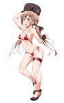  ass bikini black_bow black_footwear black_hat bow breasts brown_eyes brown_hair burusuta colored_pencil_(medium) commentary_request full_body graphite_(medium) hair_between_eyes hair_bow hat highres kantai_collection large_breasts long_hair low_twintails micro_bikini papakha red_bikini side-tie_bikini simple_background solo swimsuit tashkent_(kantai_collection) traditional_media twintails white_background 