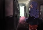  bloom blue_hair carpet closed_mouth cowboy_shot day from_behind hallway indoors jacket japanese_clothes kimono lighting long_hair ootori_chacha open_door purple_eyes railing seseri7th solo stairs tokyo_7th_sisters very_long_hair wavy_hair 