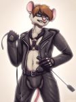  2018 anthro backlit belt brown_hair buckteeth chaps clothed clothing digital_media_(artwork) domination eyewear glasses glopossum gloves hair harness jacket leash leather looking_at_viewer male mammal mouse pants riding_crop rodent simple_background smile solo standing teeth underwear whip 