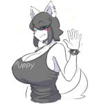  2018 anthro big_breasts black_hair blue_eyes breasts canine cleavage clothed clothing dog ear_piercing english_text female hair hair_over_eye huge_breasts looking_at_viewer maggie_applebee mammal nipple_bulge piercing solo text theycallhimcake translucent_hair 