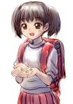  blush_stickers brown_eyes brown_hair child frog giantess holding manzi petting school_bag school_uniform smile solo twintails 
