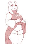 2018 anthro blush boss_monster breasts caprine clothed clothing clothing_lift eyelashes female fur goat horn iriedono legwear long_ears looking_away mammal panties pinup pose robe slightly_chubby smile solo standing stockings thick_thighs toriel undertale underwear video_games 