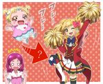  3girls :d ;d aikatsu!_(series) aikatsu_stars! baby blonde_hair blush boots bow cheering cheerleader commentary crossover dress epaulettes eyebrows_visible_through_hair hair_bow hair_ornament hands_up heart-shaped_mouth high_heel_boots high_heels hug-tan_(precure) hugtto!_precure jacket knee_boots long_hair long_sleeves look-alike looking_at_viewer multicolored_hair multiple_girls nijino_yume nono_hana o_o one_eye_closed onomekaman open_mouth pink_eyes pink_hair polka_dot polka_dot_background pom_poms precure puffy_short_sleeves puffy_sleeves round_teeth s4_uniform school_uniform short_sleeves short_twintails skirt smile surprised teeth thighhighs thighs translated twintails two-tone_background x_hair_ornament 