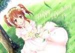  bare_shoulders bouquet brown_eyes brown_hair clover clover_hair_ornament commentary_request dated detached_sleeves dress earrings eyebrows_visible_through_hair flower four-leaf_clover grass green_ribbon hair_ornament hairband happy_birthday holding holding_bouquet idolmaster idolmaster_cinderella_girls jewelry leaf looking_at_viewer naoharu_(re_barna) necklace ogata_chieri parted_lips pink_dress ribbon smile solo tree twintails 