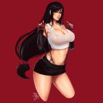  black_hair black_skirt breasts brown_eyes cleavage covered_nipples crop_top cropped_legs faire_yang final_fantasy final_fantasy_vii highres large_breasts long_hair looking_at_viewer low-tied_long_hair miniskirt navel parted_lips red_background simple_background skirt smile solo stomach suspender_skirt suspenders suspenders_pull tank_top tifa_lockhart very_long_hair 