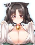  :3 anchor_hair_ornament animal_ears azur_lane bad_id bad_pixiv_id bell bell_collar braid breasts brown_hair cat_ears cleavage collar detached_sleeves eyebrows_visible_through_hair hair_ornament japanese_clothes large_breasts long_hair long_sleeves looking_at_viewer ooshio_(azur_lane) open_clothes open_shirt red_eyes shirazawa solo twin_braids wide_sleeves 