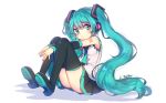  armpits ass bangs bare_shoulders blue_eyes blue_hair boots breasts chibi frills full_body gloves hair_ornament hatsune_miku headphones long_hair looking_at_viewer necktie sitting small_breasts solo thighhighs thighs twintails vocaloid yumyum 
