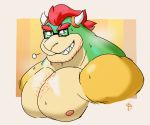  2018 abstract_background anthro barabeer body_hair bowser bust_portrait chest_hair digital_media_(artwork) eyebrows eyewear front_view glasses green_scales grin hair hi_res horn koopa looking_at_viewer male mario_bros multicolored_scales muscular muscular_male nintendo nipples pecs pink_nipples portrait red_eyebrows red_hair scales scalie short_hair signature smile solo sweat tan_scales teeth thick_eyebrows video_games white_horn yellow_scales 