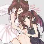  amezawa_koma angel_and_devil angel_wings bare_shoulders black_dress blush brown_eyes brown_hair closed_eyes clover clover_hair_ornament commentary_request dated demon_wings dress dual_persona eyebrows_visible_through_hair four-leaf_clover hair_ornament happy_birthday holding_hands idolmaster idolmaster_cinderella_girls looking_at_viewer multiple_girls ogata_chieri parted_lips simple_background twintails white_dress wings work_in_progress 