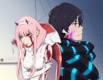 1girl bangs black_bodysuit black_hair blood blood_from_mouth blood_on_face blue_eyes blue_horns bodysuit breasts closed_eyes commentary couple darling_in_the_franxx facial_scar gloves green_eyes hair_ornament hairband hand_on_own_arm hetero highres hiro_(darling_in_the_franxx) horns k_016002 long_hair medium_breasts oni_horns pilot_suit pink_hair red_horns scar spoilers torn_bodysuit torn_clothes white_bodysuit white_gloves white_hairband zero_two_(darling_in_the_franxx) 