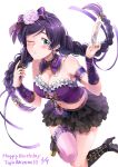  black_skirt braid breasts character_name commentary_request dated fan flower folding_fan green_eyes hair_flower hair_ornament happy_birthday highres large_breasts long_hair love_live! love_live!_school_idol_festival love_live!_school_idol_project namiko817 navel purple_hair purple_ribbon ribbon simple_background skirt solo toujou_nozomi twin_braids twintails white_background 