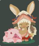  :3 :d ^_^ animal_ears bangs barefoot bunny_ears chibi closed_eyes ears_through_headwear eyebrows_visible_through_hair fang fur furry grass grey_background hair_ornament hat horns made_in_abyss mitty_(made_in_abyss) nanachi_(made_in_abyss) open_mouth pants rizu_(rizunm) short_hair_with_long_locks sidelocks smile topless whiskers white_hair 