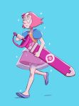  absurdres blue_background blue_eyes closed_mouth forehead_jewel full_body highres leiana_nitura pearl_(steven_universe) pointy_nose puffy_short_sleeves puffy_sleeves ribbon see-through short_sleeves simple_background spoilers steven_universe sword walking weapon white_skin 