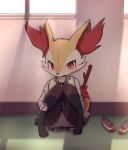  1girl animal_ears arm_support beige_vest black_legwear blue_neckwear blue_skirt blush bowtie braixen clothed_pokemon fang female fox_ears fox_tail full_body furry gen_6_pokemon highres indoors kneehighs knees_together_feet_apart knees_up long_sleeves looking_at_viewer mei_(lulufla) no_humans on_floor open_mouth panties pantyshot pantyshot_(sitting) paws pigeon-toed plaid plaid_skirt pleated_skirt pokemon pokemon_(creature) red_eyes red_footwear school_uniform shirt shoes shoes_removed sitting skirt sleeves_past_wrists solo stick striped_neckwear sunlight tail underwear uniform upskirt vest white_panties white_shirt window 