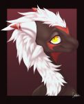  2018 anthro black_border black_skin border cannibalistic_tendencies curved_horn digital_media_(artwork) dragon eyelashes female fur headshot_portrait horn looking_at_viewer minerea_(pinkdragonlove) outside_border portrait red_background red_skin red_stripes scalie side_view signature simple_background smile smooth_horn solo stripes western_dragon white_fur white_horn white_mane yellow_eyes 