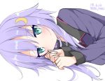  aqua_eyes blush closed_mouth commentary crescent crescent_hair_ornament dated eyebrows_visible_through_hair hair_ornament kamu_(geeenius) kantai_collection long_sleeves looking_at_viewer lying on_side purple_hair purple_shirt school_uniform serafuku shirt short_hair_with_long_locks simple_background solo white_background yayoi_(kantai_collection) 